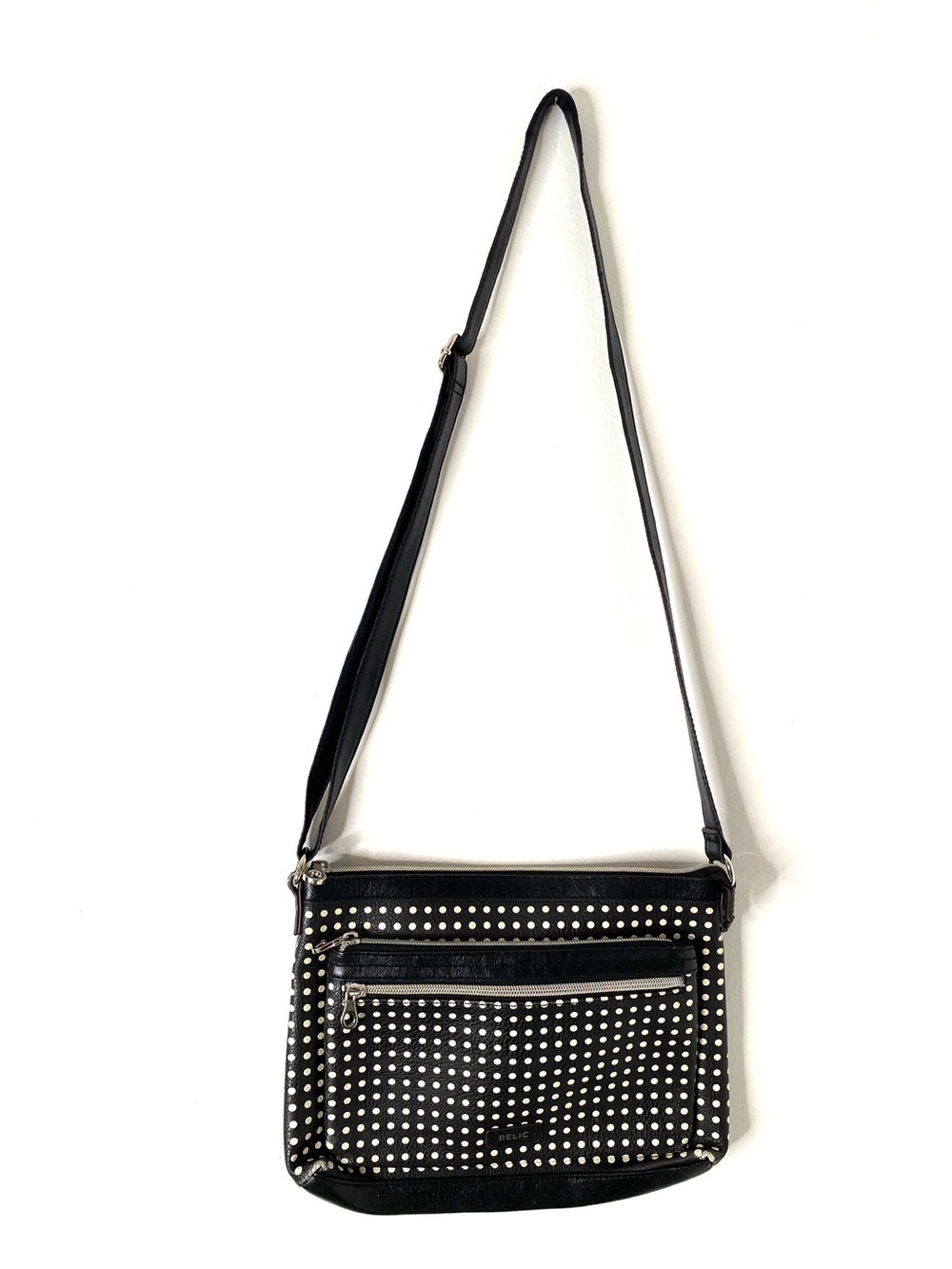 Relic Black White Polka Dot Crossbody Bag Adjustable Multi Pocket Purse
